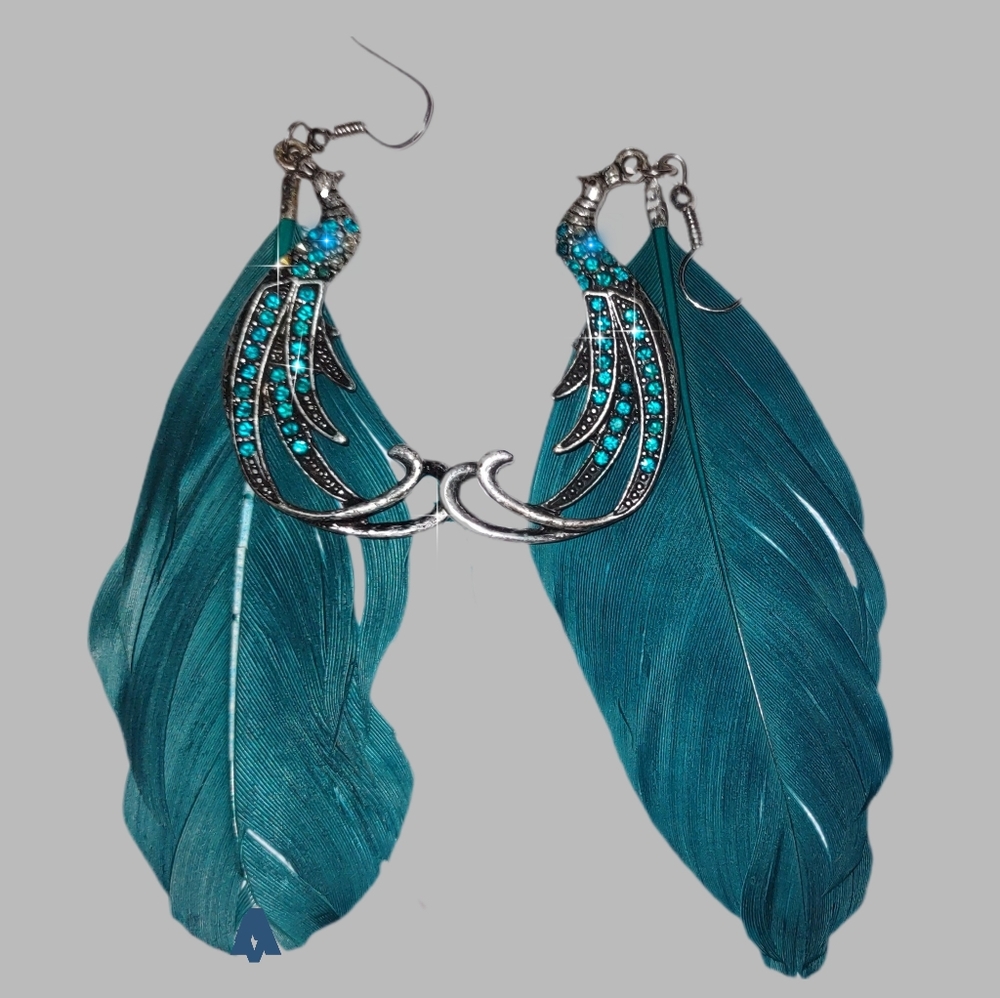 Teal Blue Feather Earrings with Jeweled Peacocks - Picture 2 of 13